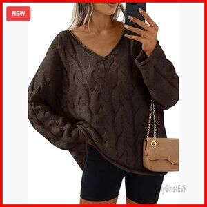 Oversized V-Neck Cable Knit Sweater Long Sleeve Pullover